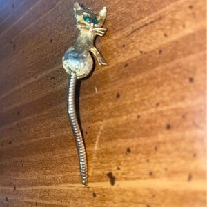 Vintage Goldtone Scatter Cat Brooch With Green Eyes + Articulated Moving Tail